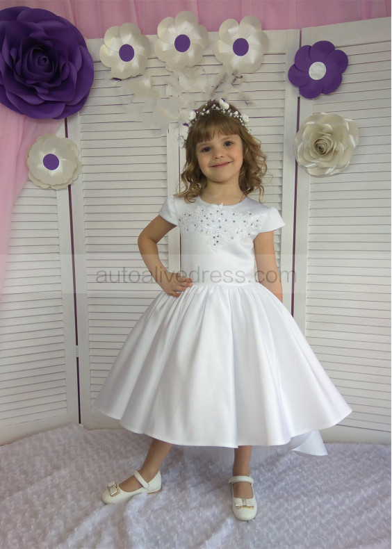 White Satin High Low Flower Girl Dress